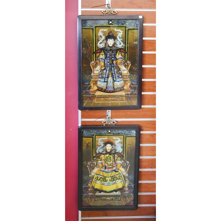 Pair Chinese Emperor & Empress Reverse Painted Mirror Panels Framed- 21x14'' each