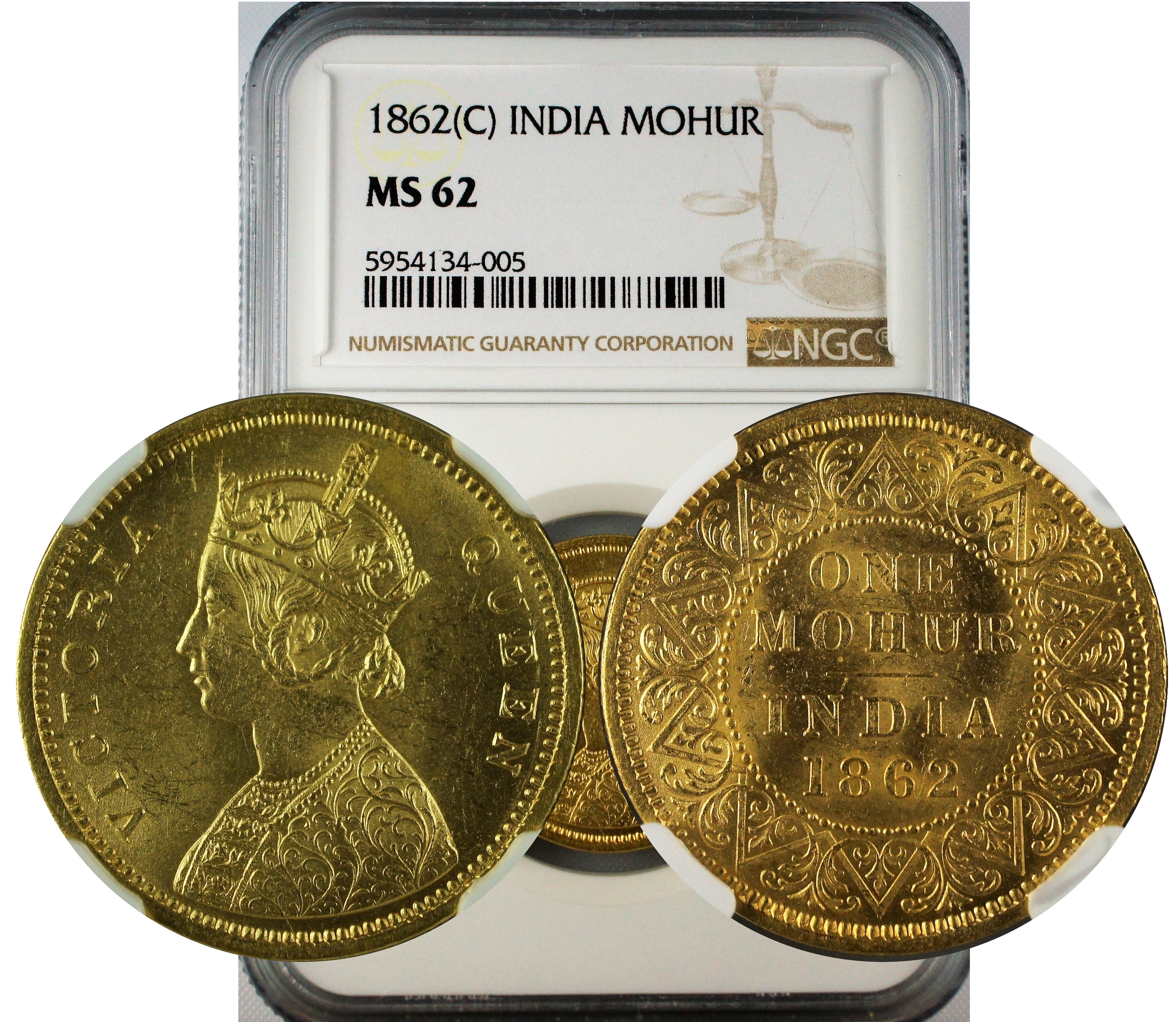 India 1862 C Gold Mohur NGC MS62
