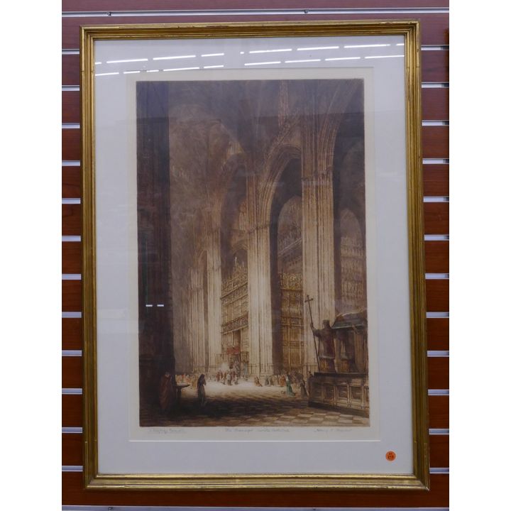 Henry Brewer 'The Transept Seville Cathedral' Aquatint Etching in Gilt Carved Frame- 35x26''