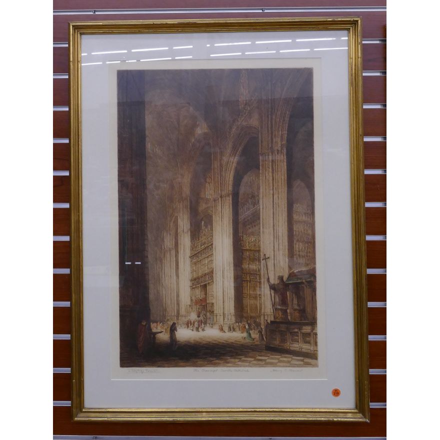 Henry Brewer 'The Transept Seville Cathedral' Aquatint Etching in Gilt Carved Frame- 35x26''