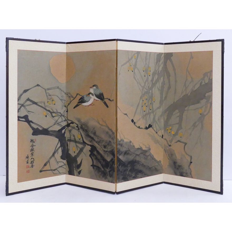 Japanese Painted 4 Panel Screen- Plum Branches with Birds- 36x54''