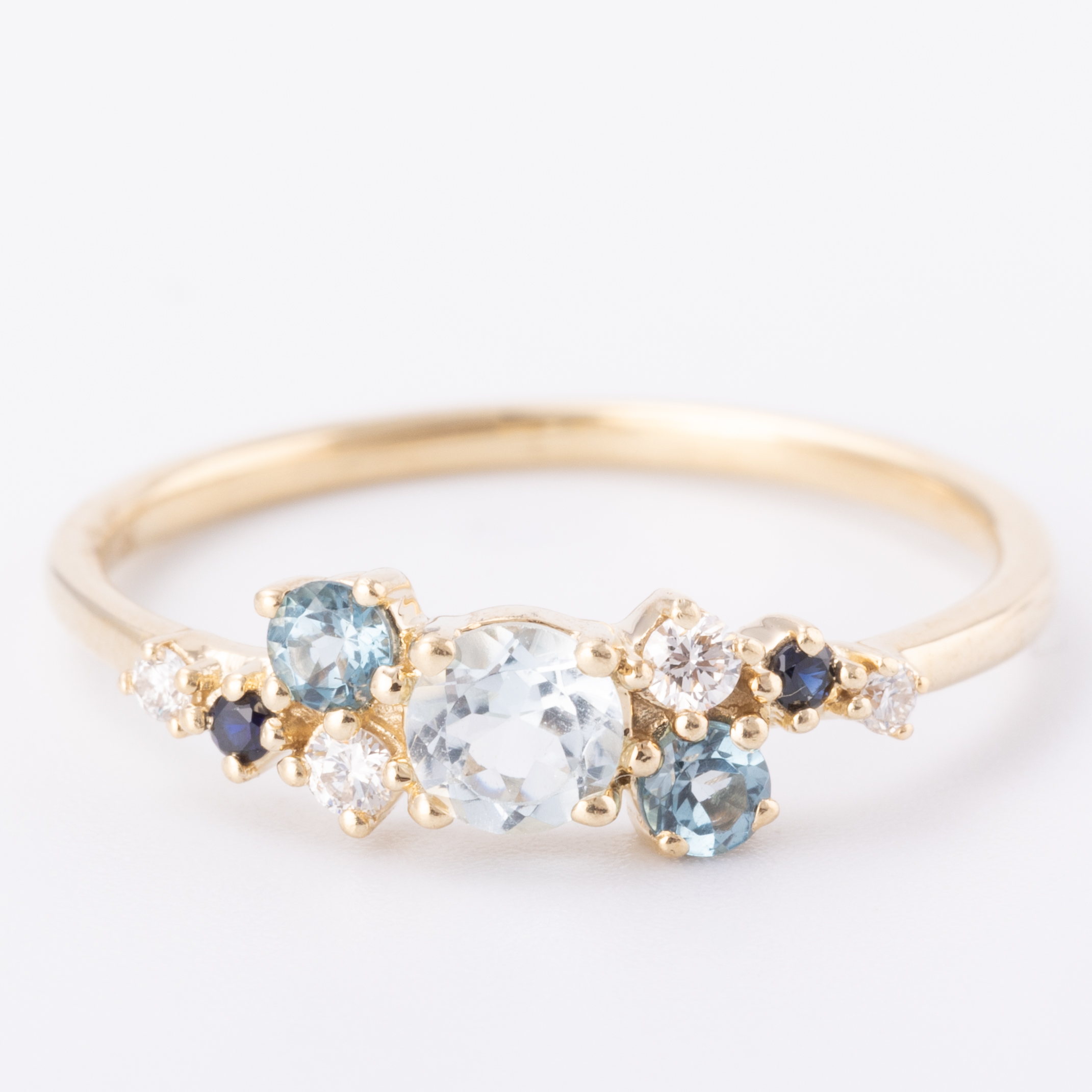 Sapphire, Diamond & Topaz Cluster Ring 9ct Gold