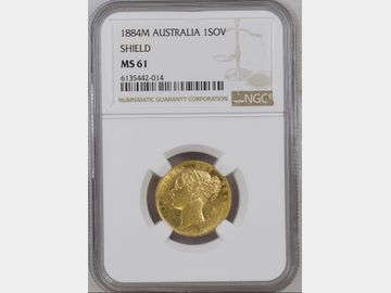 1884 VICTORIA YOUNG HEAD MELBOURNE MINT SHIELD GOLD SOVEREIGN MS61