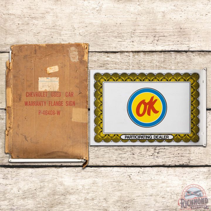 Outstanding NOS Chevrolet OK Participating Dealer DS Tin Flange Sign w/ Orig. Box