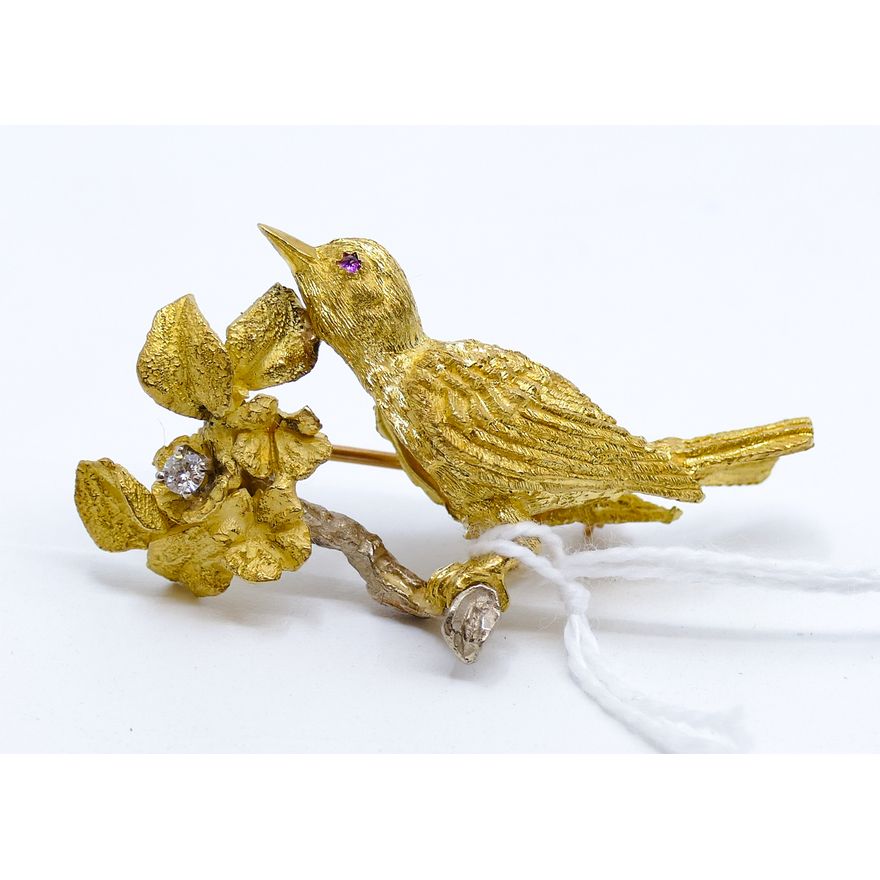 Hand Made 14k Bird on Branch Figural Brooch 1.75'' - 11.1 Grams TW