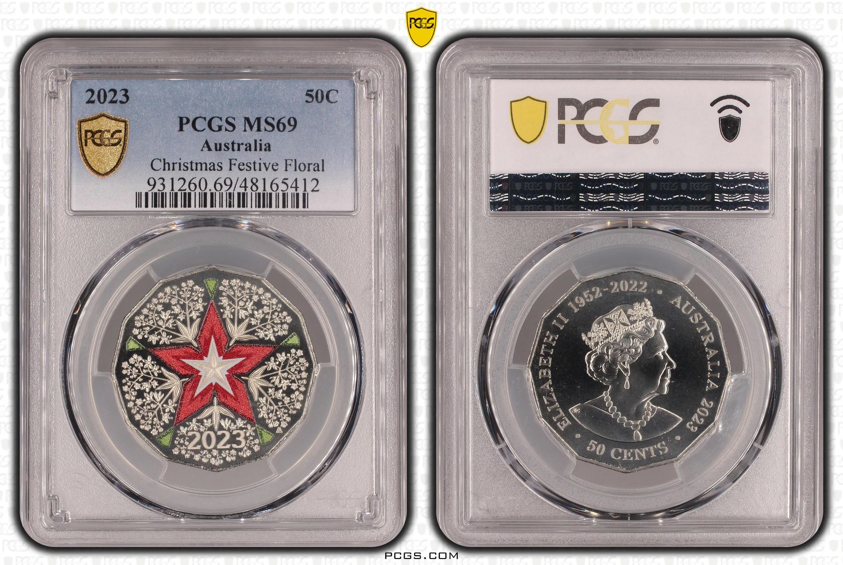 363 · Elizabeth II, Christmas Festive Floral, Fifty Cent, 2023, PCGS MS69