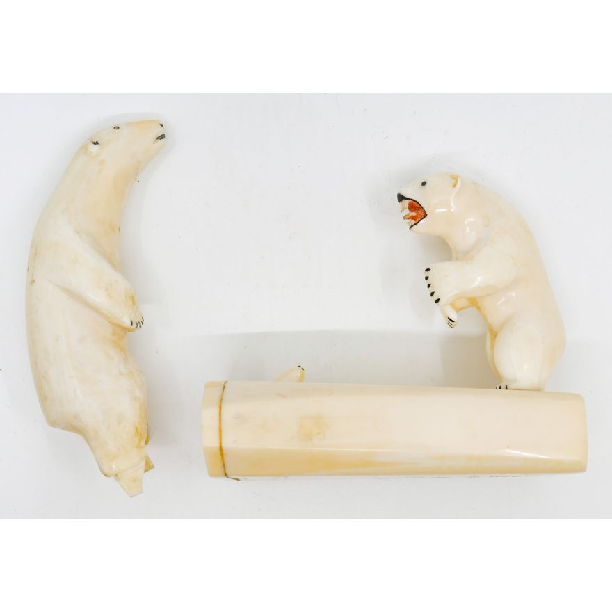 2pc Old Alaskan Inuit Scrimshawed Polar Bear Carvings 4.5'' Approx. - John Pullock etc.