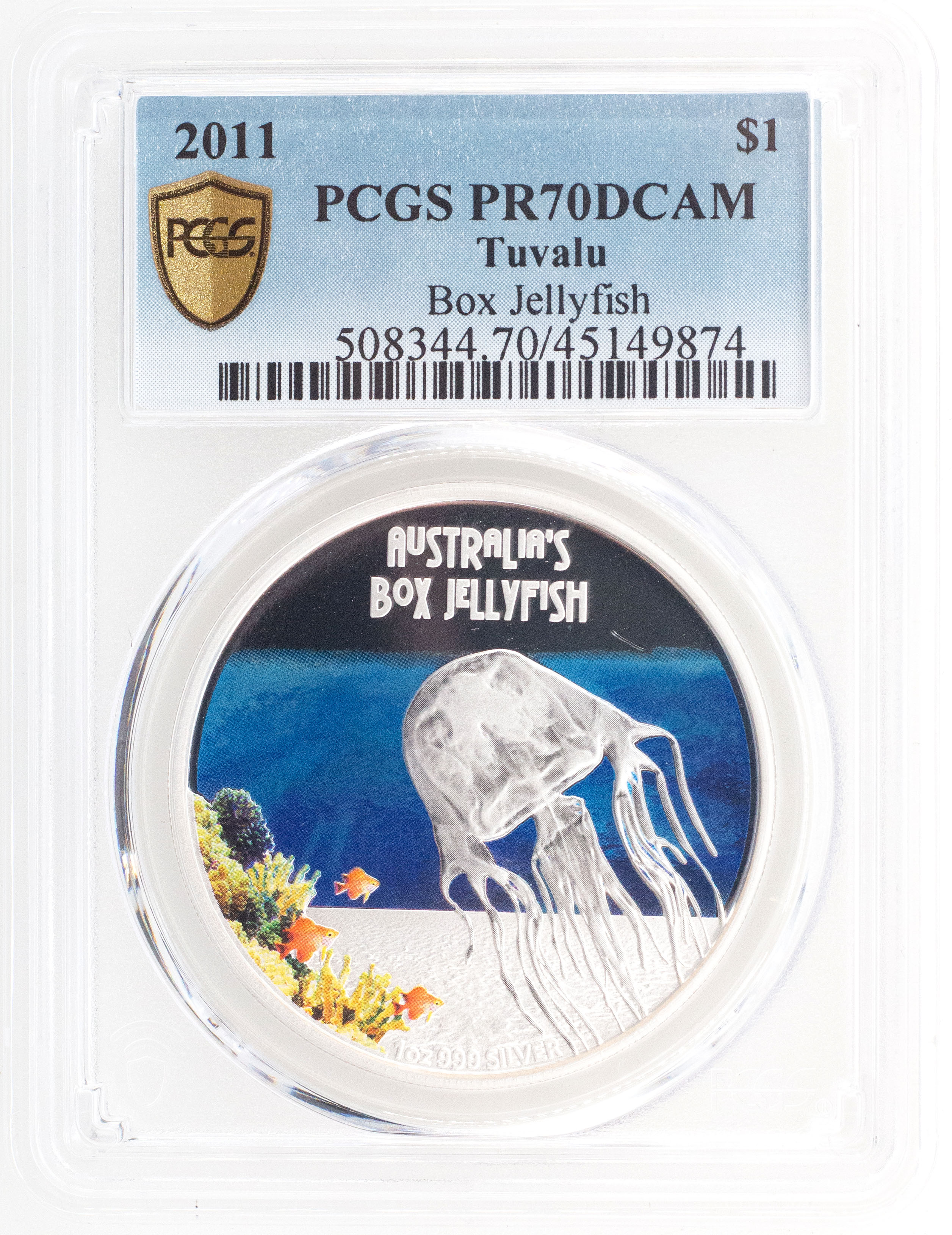 2011 Tuvalu One Dollar, $1 Proof Box Jellyfish PCGS - PR70DCAM POP 2/0 -874