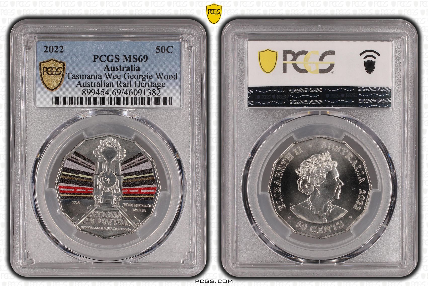 Tasmania Wee Georgie Wood Rail Heritage Colourised, Fifty Cent, 2022, PCGS MS69