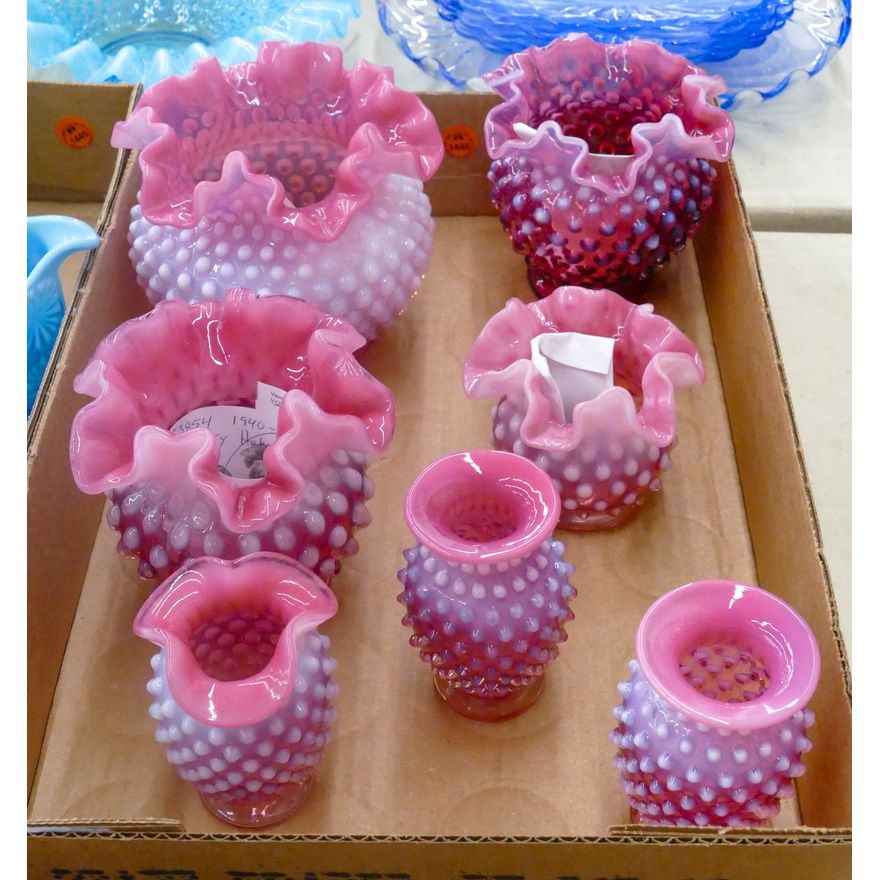 Box 7pc Fenton Pink Hobnail Small Vases