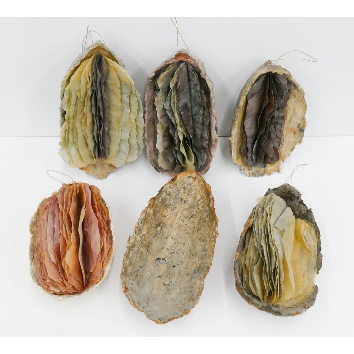 6pc Hanging Fiber Art Sculptures. Largest Measures 10''.  Purchased at the Henry Art Gallery