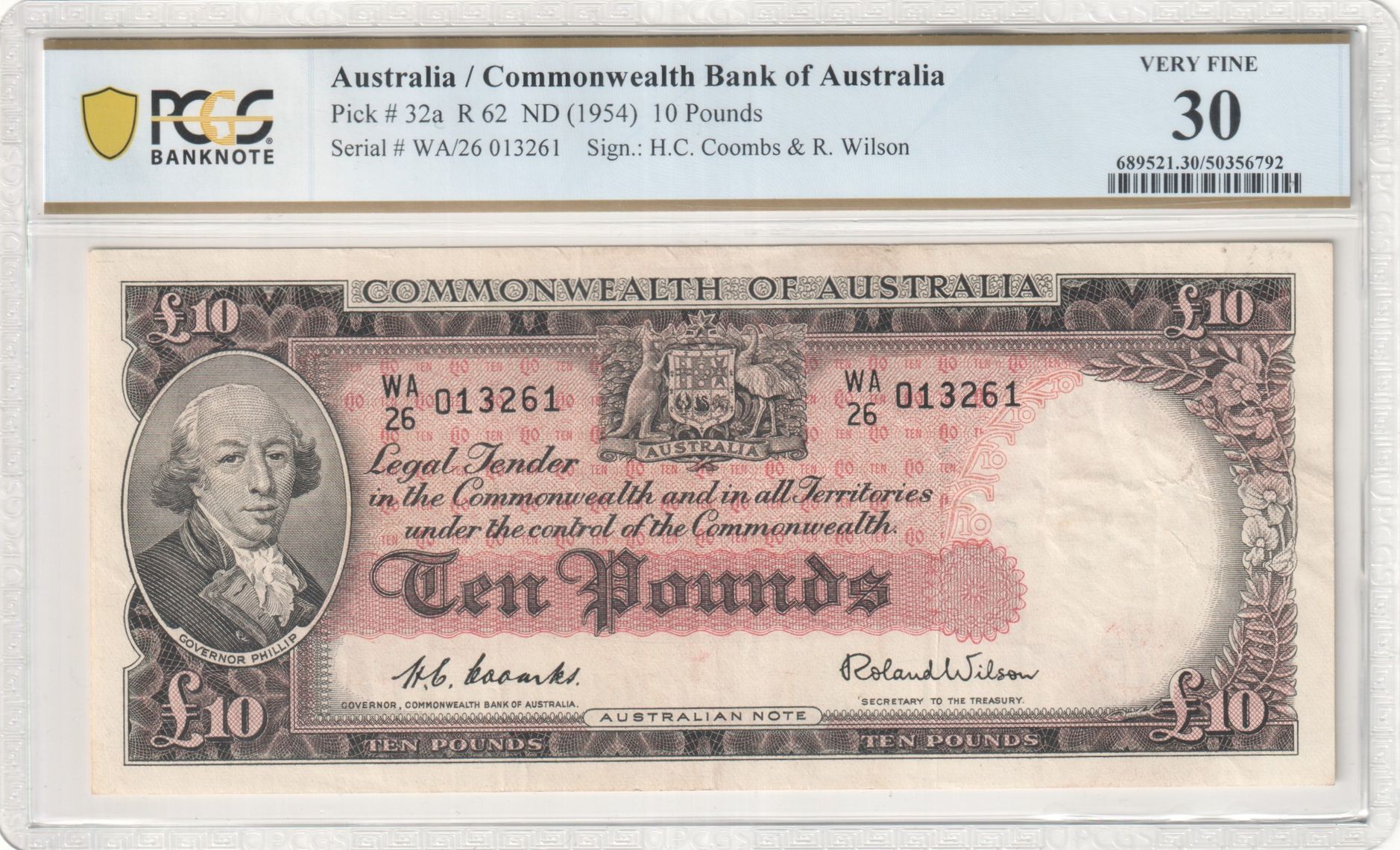 Coombs/Wilson, Ten Pounds, 1954, PCGS Very Fine 30