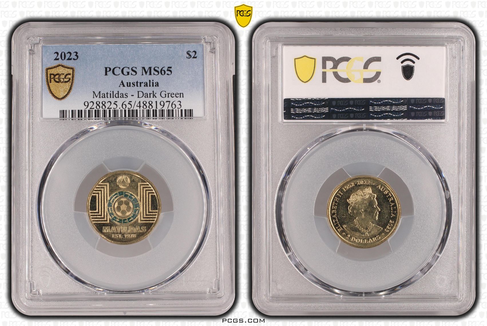 Matildas - Dark Green Colorized, Two Dollar, 2023, PCGS MS65