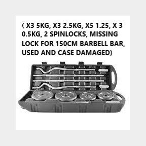 Everlast Barbell + EZ Bar Set( X3 5KG X3 2.5KG X5 1.25 X 3 0.5KG 2 SPINLOCKS MISSING LOCK FOR 150CM BARBELL BAR USED AND CASE DAMAGED)