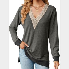 KKG WOMENS V NECK SWEATER PULLOVERS SWEATSHIRT COLOR BLOCK FALL SHIRTS LONG SLEEVE SIDE SPLIT TUNIC TOPS