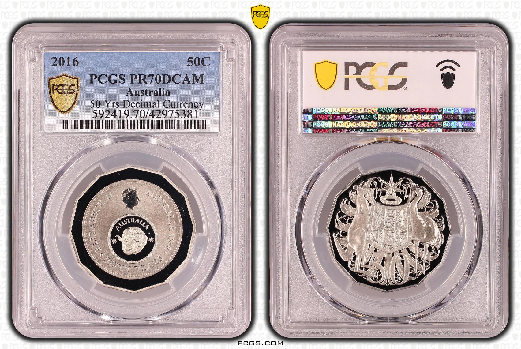 Elizabeth II, 50th Anniversary Decimal Currency, Fifty Cent, PR70DCAM , 2016 PCGS POP - 171/0