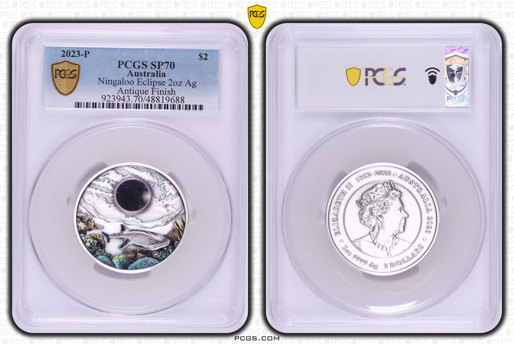 Ningaloo Eclipse 2oz Ag, POP 13/0, Two Dollar, 2023-P, PCGS SP70