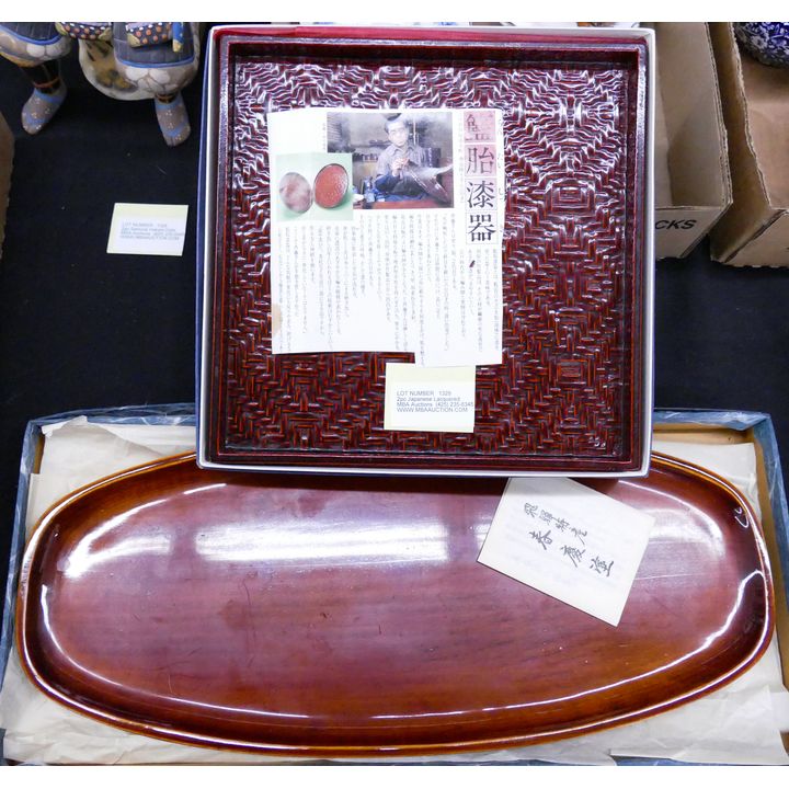2pc Japanese Lacquered Trays in Boxes- 17'' Largest