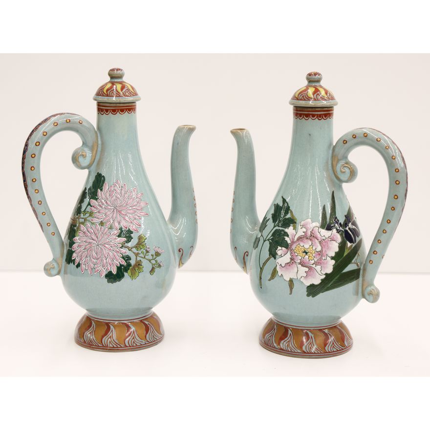 Pair Japanese Floral Decorated Wine Ewers