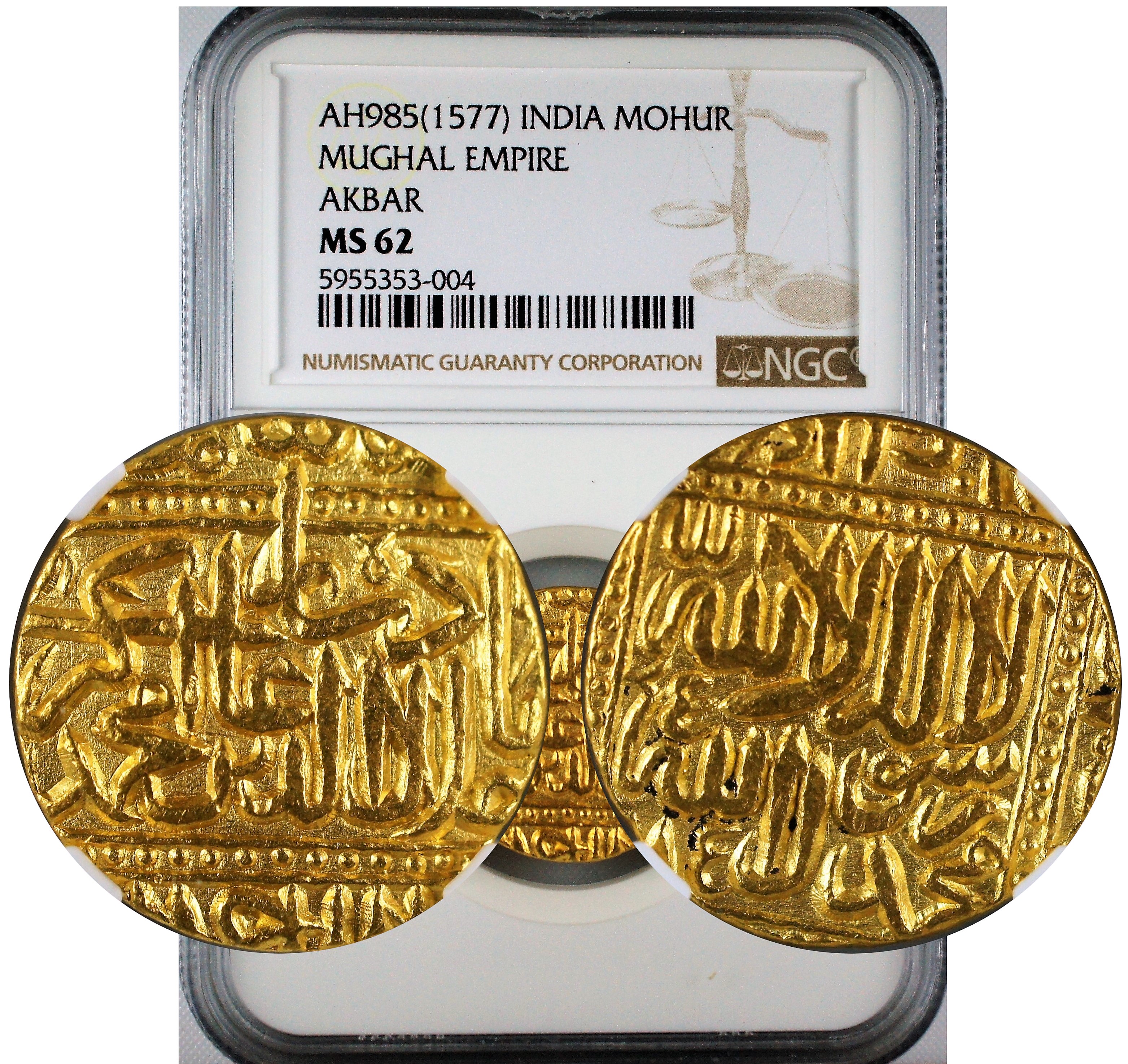 India Mughal Empire Akbar Gold Mohur Ahmedabad NGC MS62