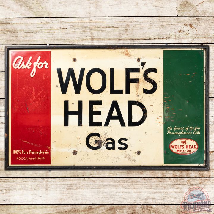 Ask for Wolf's Head Gas Embossed SS Tin Sign w/ Logo
