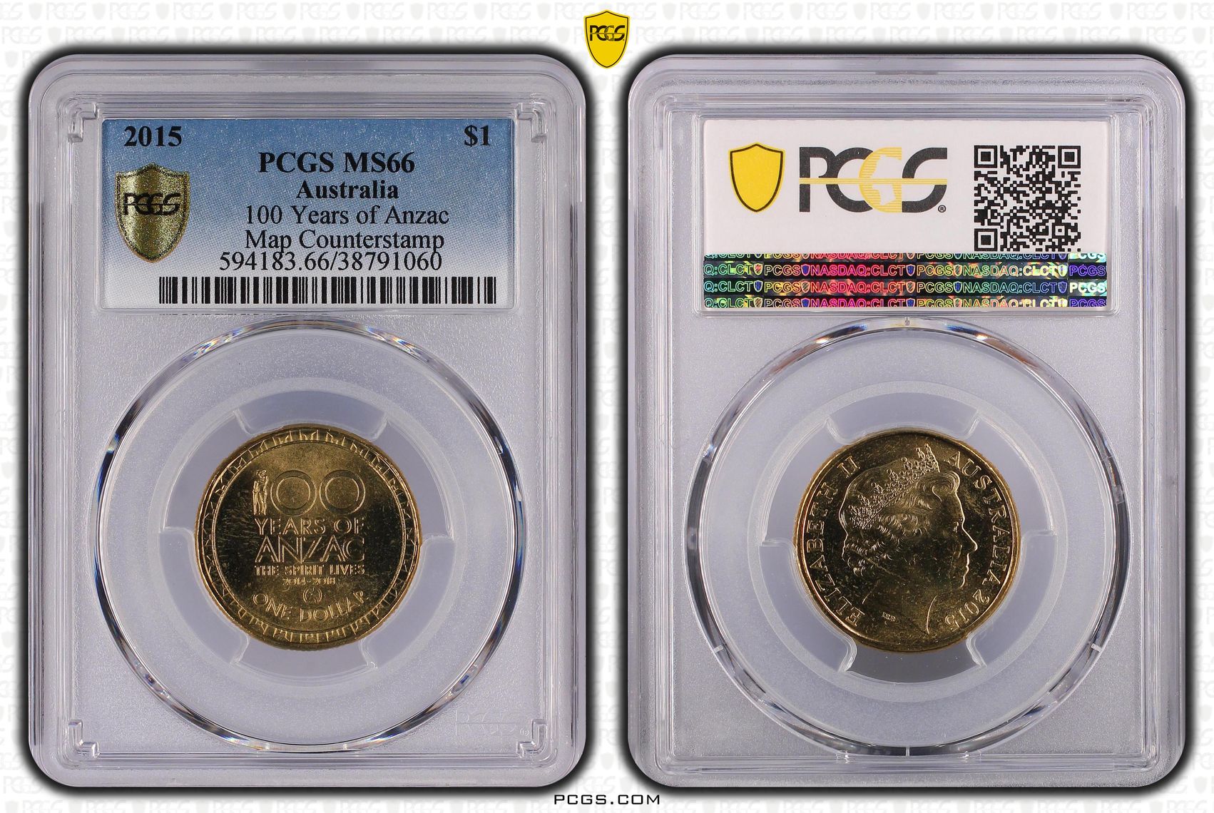 2015 Australia One Dollar, $1 100 Years of Anzac, Map Counterstamp PCGS - MS66 -060