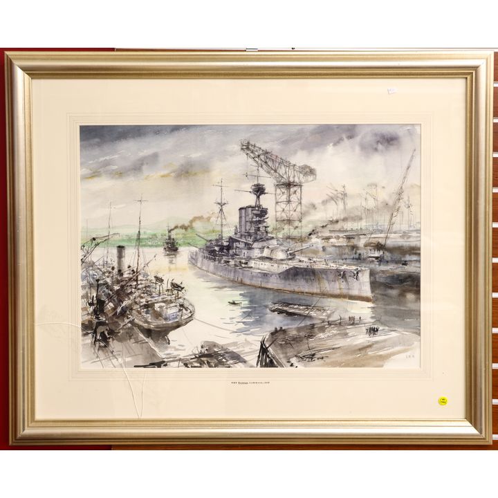 Scottish ''H.M.S. Barham, Clydebank 1915'' Battleship Watercolor Framed