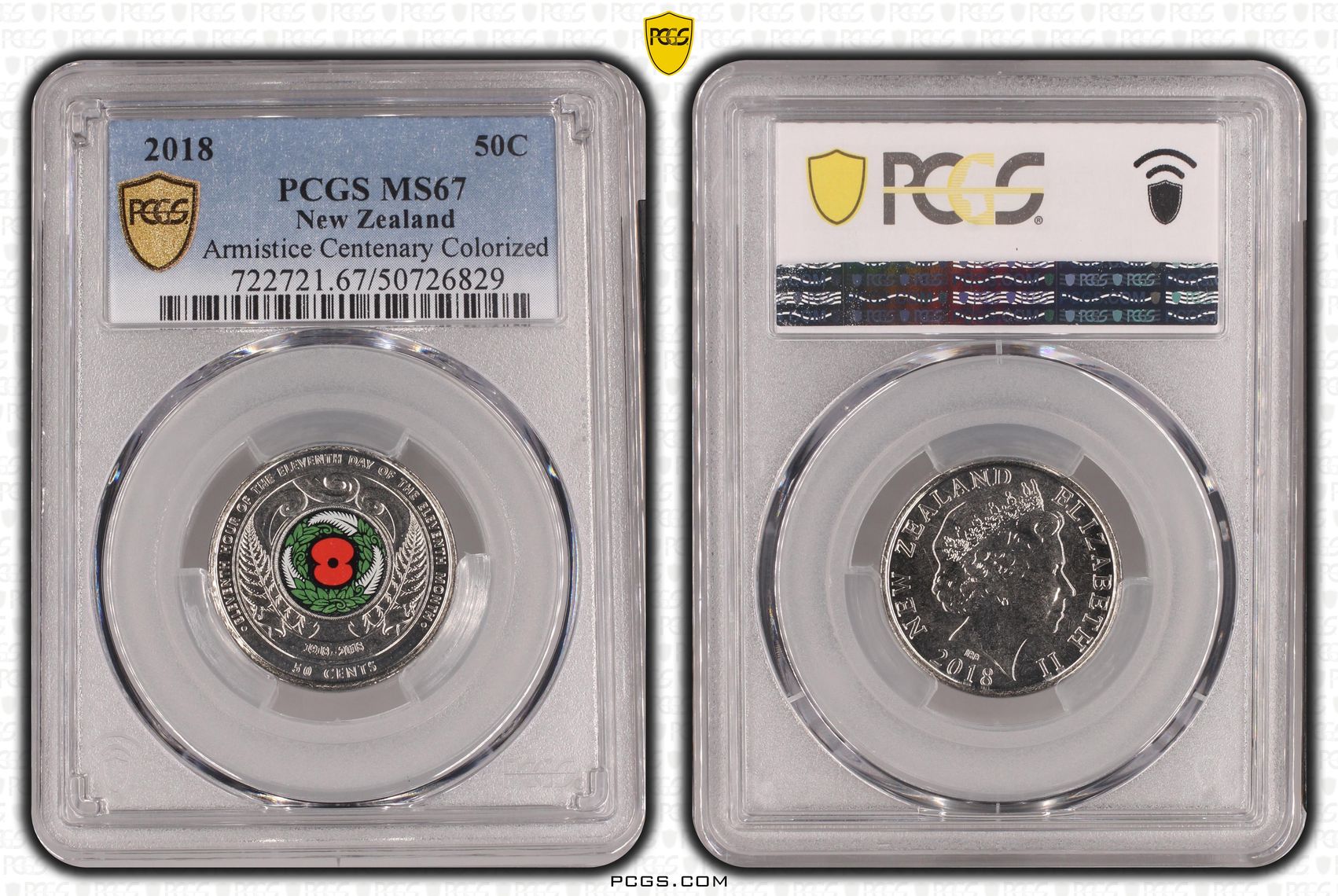 New Zealand, Armistice Centenary Colorized , Fifty Cent, 2018, PCGS MS67