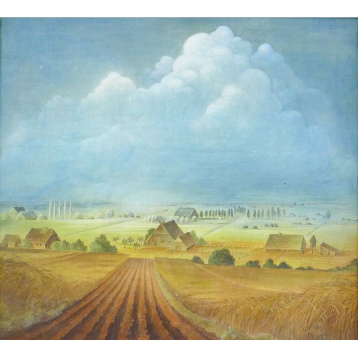 Mid Century German Farm Scene Small Painting Framed 14''x15''