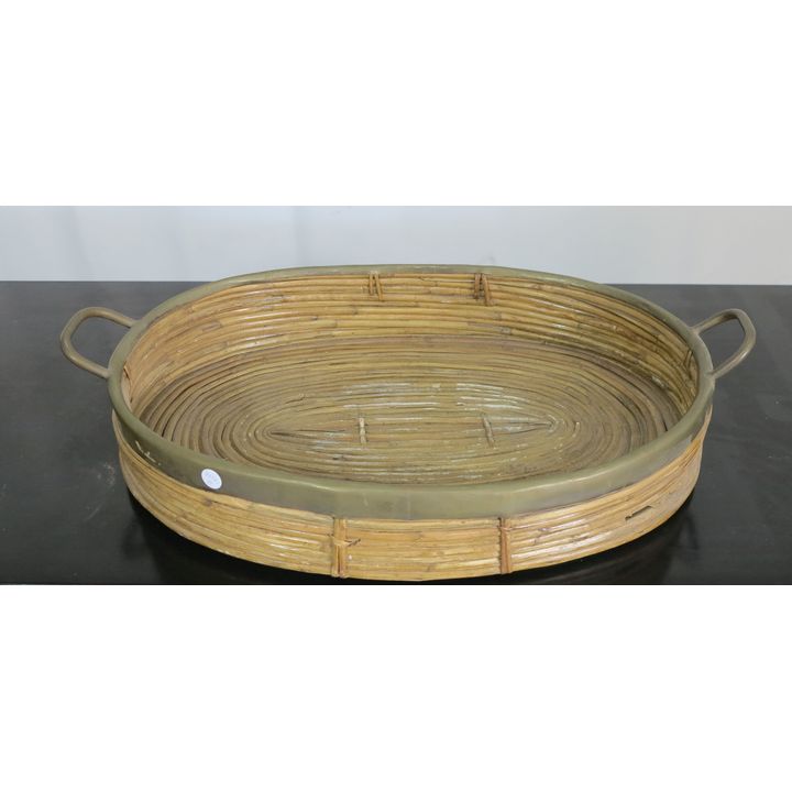 BRASS AND WICKER TWO-HANDLED TRAY