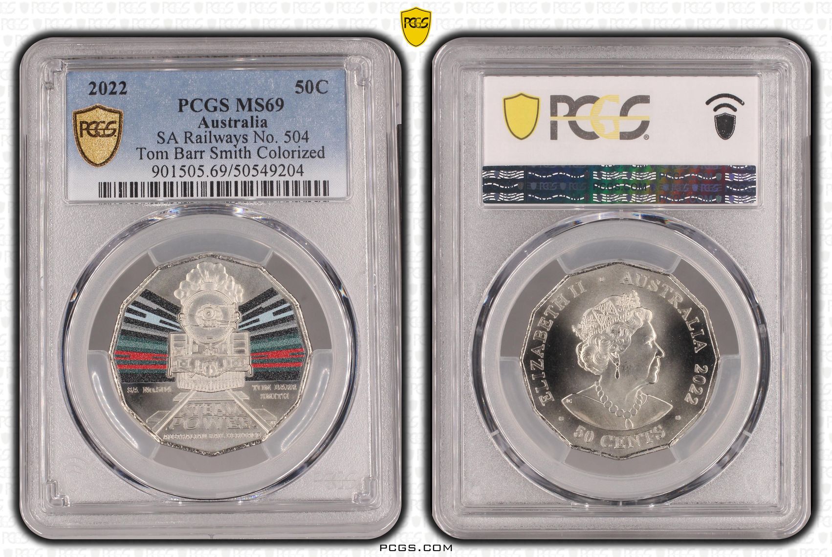 SA Railways No. 504 Tom Barr Smith Colorized, Fifty Cent, 2022, PCGS MS69