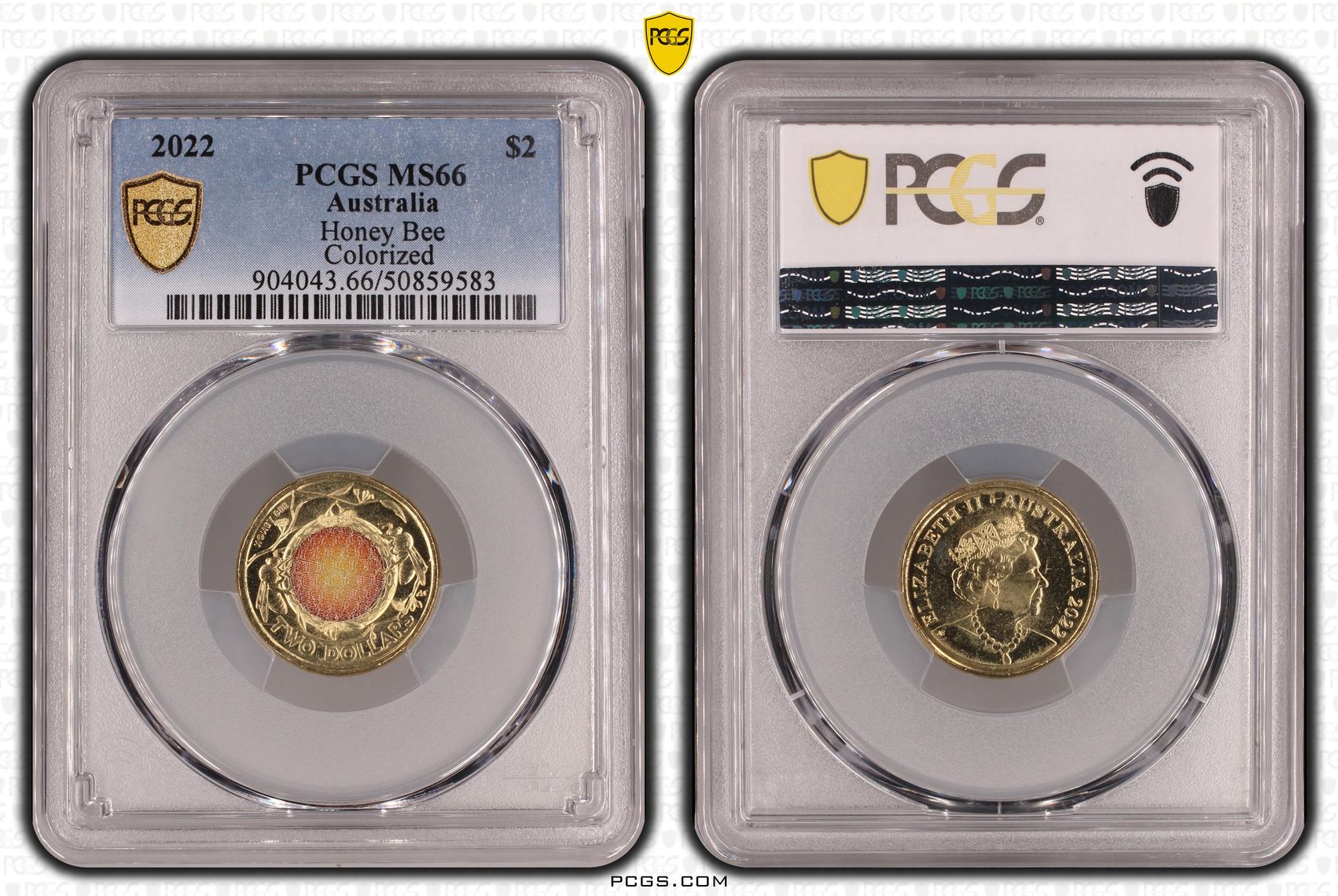 Honey Bee Colourised, Two Dollar, 2022, PCGS MS66