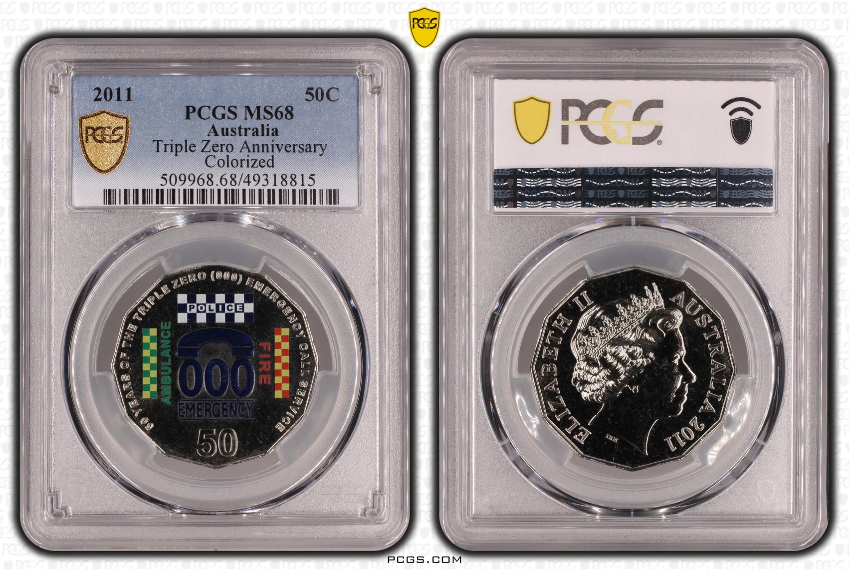 Triple Zero Anniversary Colourised, Fifty Cent, 2011, PCGS MS68