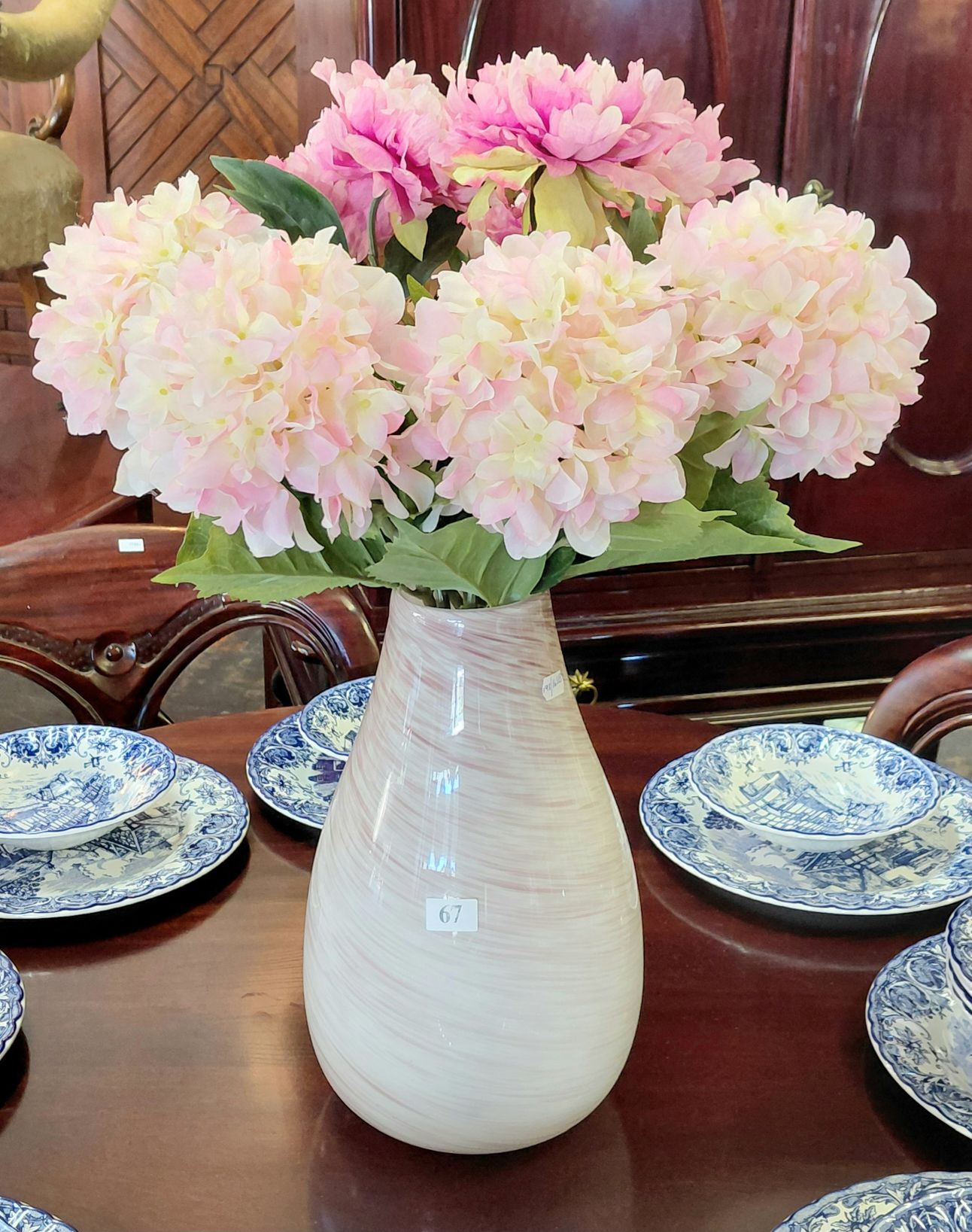 67 · PINK AND WHITE SPATTER ART GLASS VASE