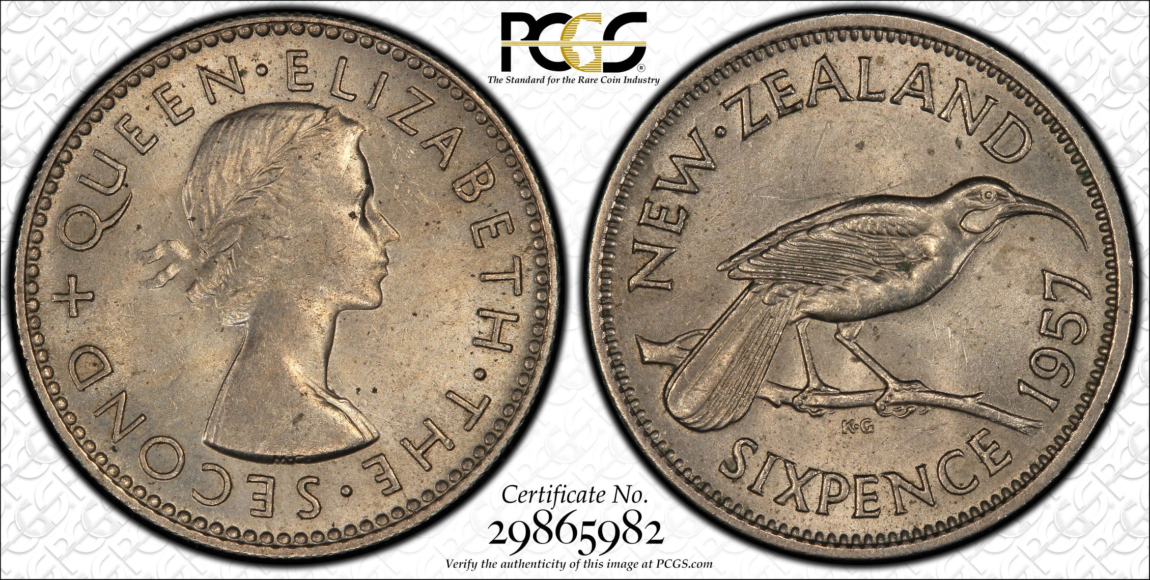 52 · New Zealand, No Strap, Sixpence, 1957, PCGS - AU58