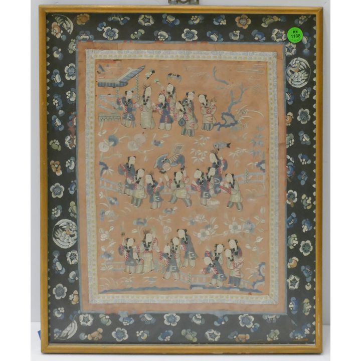 Old Chinese Children Parade Silk Embroidery Framed 17''x13.5''