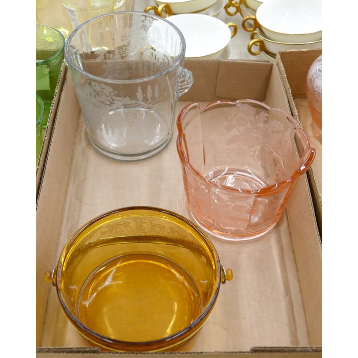 Box 3pc Etched Glass Ice Buckets etc.