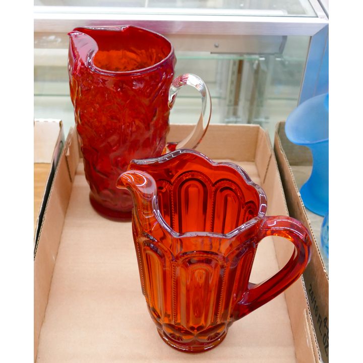 Box 2pc Vintage Red Glass Pitchers 8'' - 10''