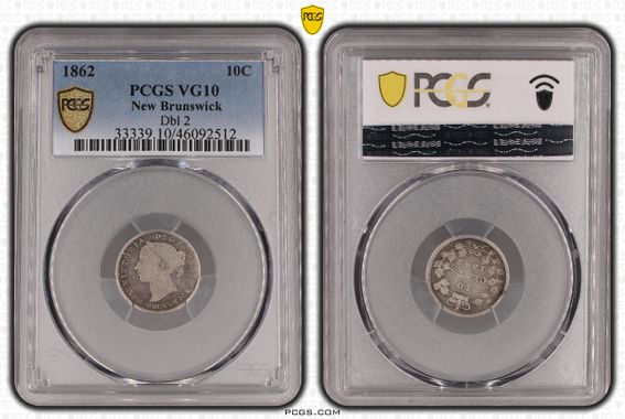 New Brunswick, Dbl 2, Ten Cent, 1862, PCGS VG10