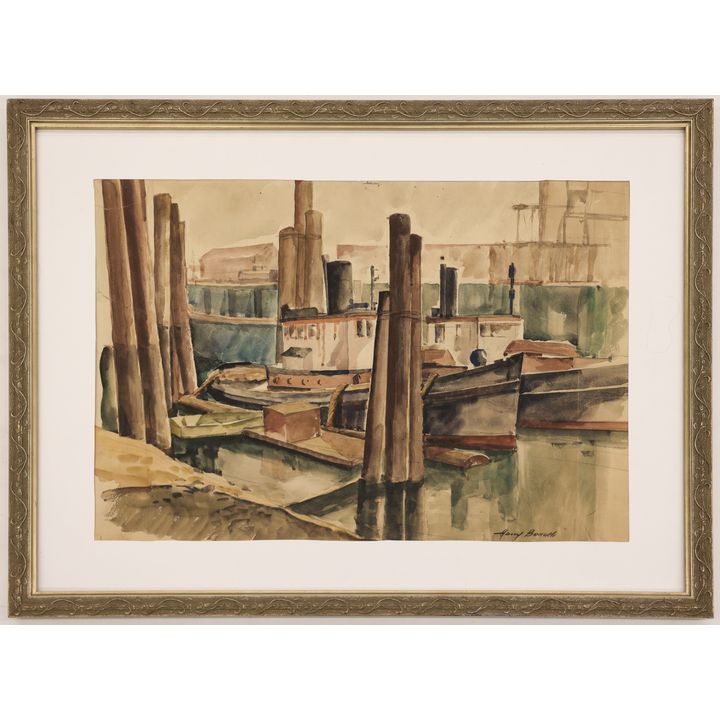 Harry Bonath ''Tugboats'' 1930's Watercolor Framed 21''x28''