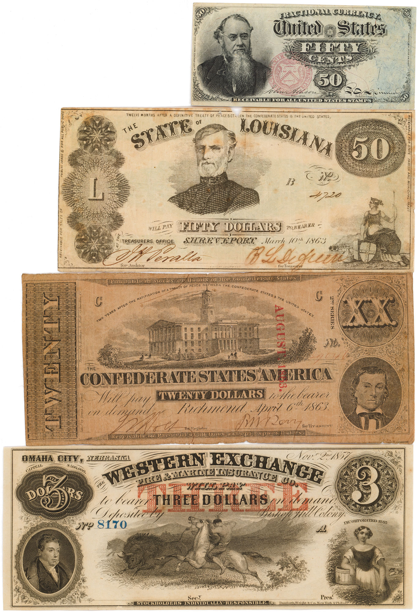 United States, Local Issues, Fifty Cents - Fifty Dollars, 1857 - 1863, VG - VF