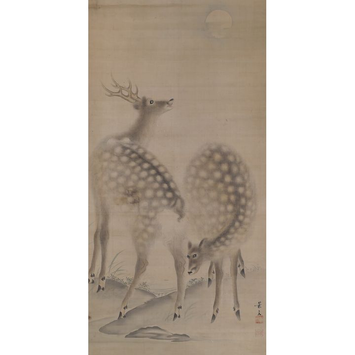 Keibun Matsumura ''Deer and Full Moon'' Scroll Painting