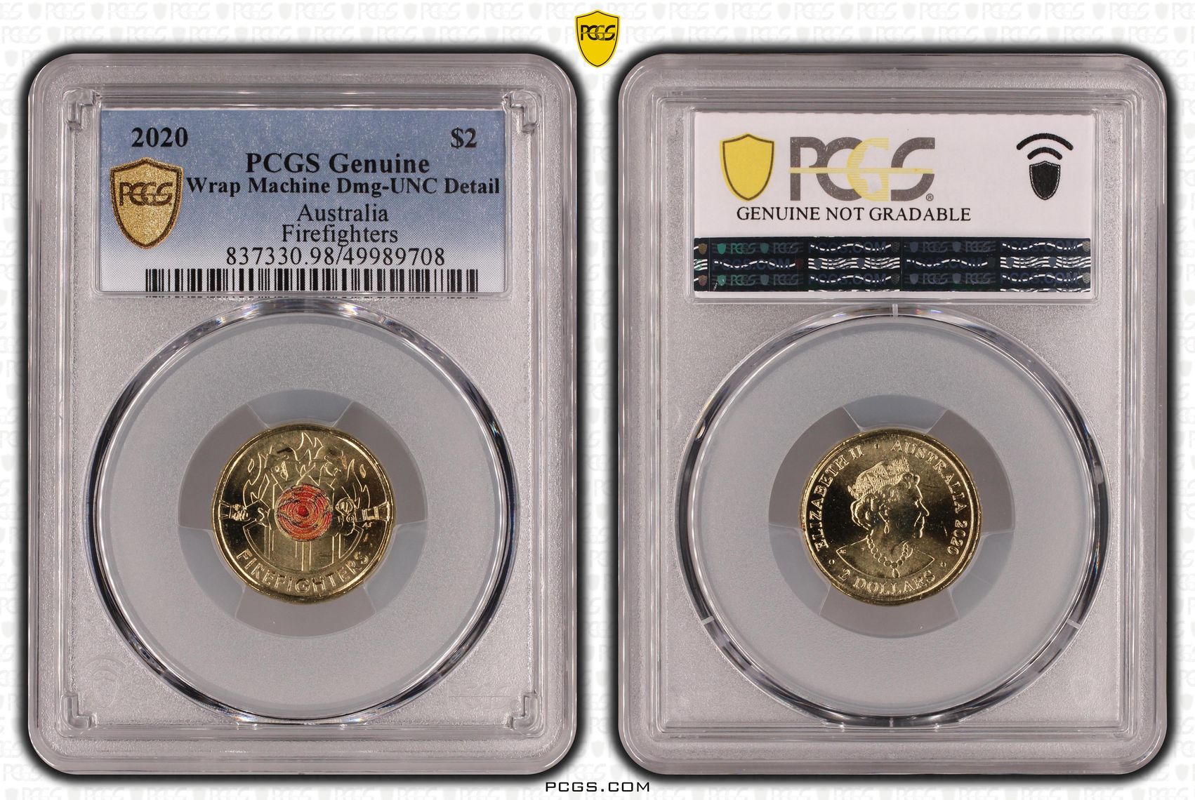 Firefighters Colourised, Two Dollar, 2020, PCGS Genuine - UNC Details (98 - Damage)