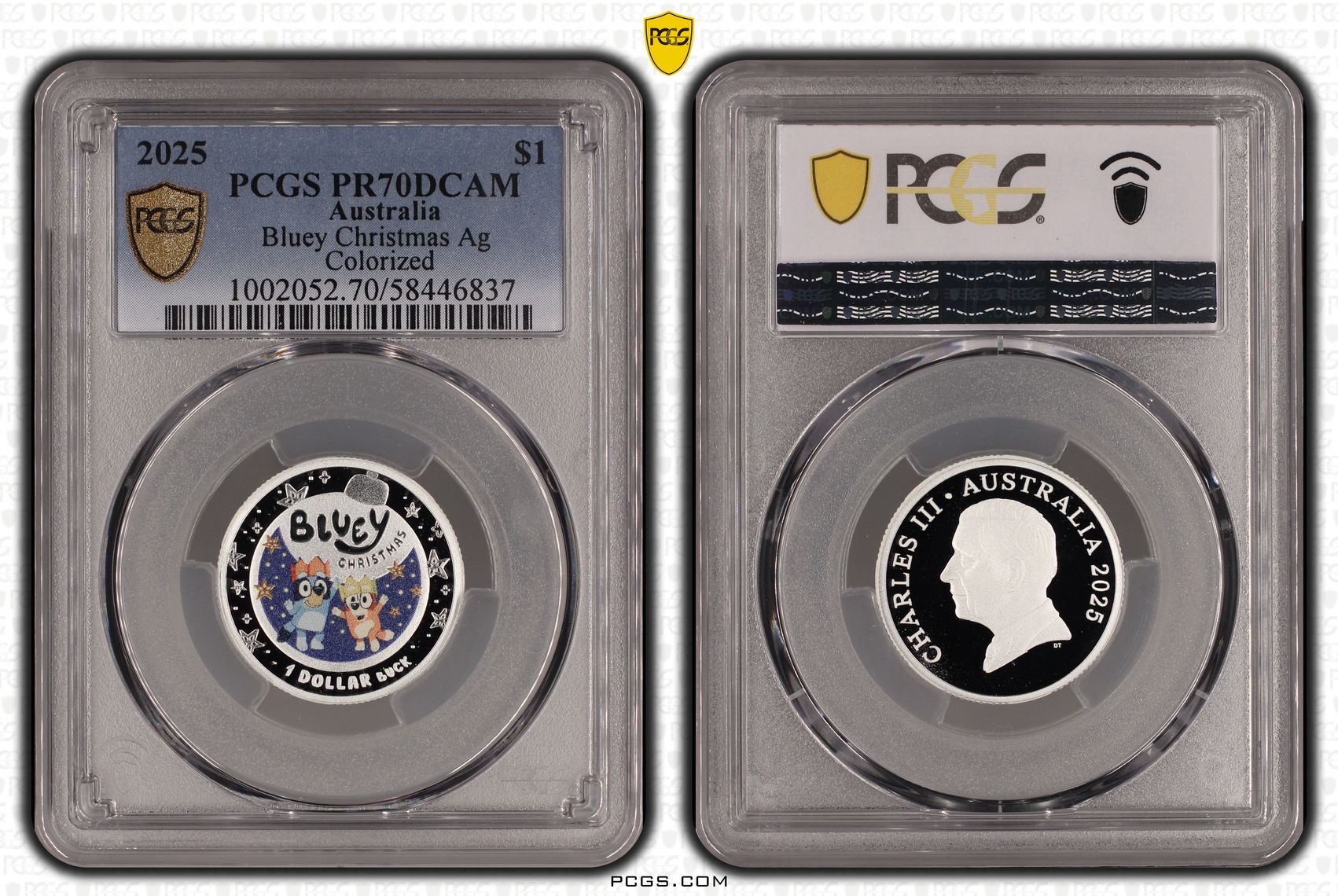 Charles III, Bluey Christmas Colourised Silver, One Dollar, 2025, PCGS PR70DCAM