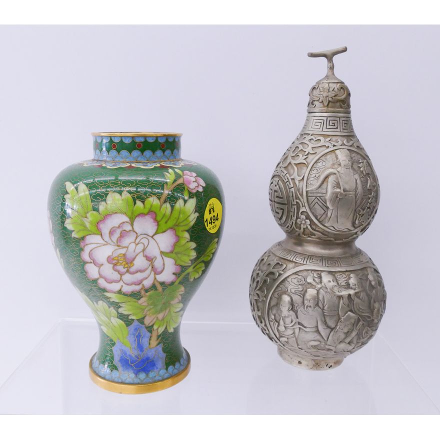2pc Chinese Cloisonne Vase & Silvered Gourd Vessel- tallest 8''