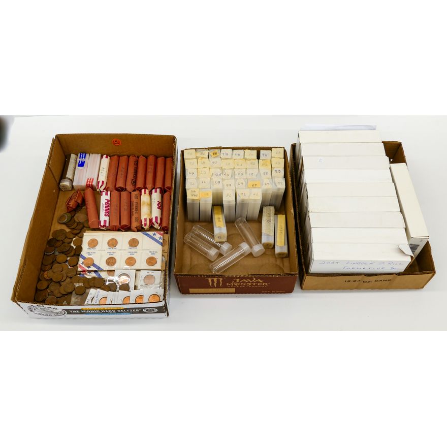 3 Boxes US Penny Collection with Unc. Rolls