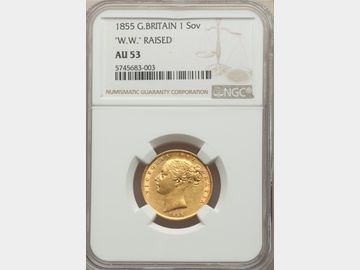1855 Queen Victoria Young Head 'W.W. Raised' Shield Gold Sovereign. NGC AU53