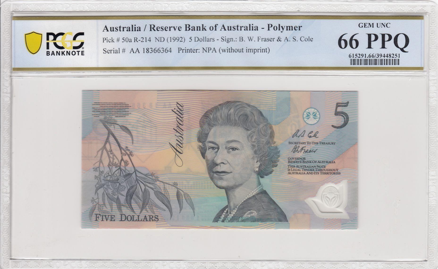 124 · RBA, Polymer, Sign.: B.W. Fraser & A.S. Cole, Dark Green Serials, Five Dollar, ND (1992), PCGS - Gem UNC 66 PPQ