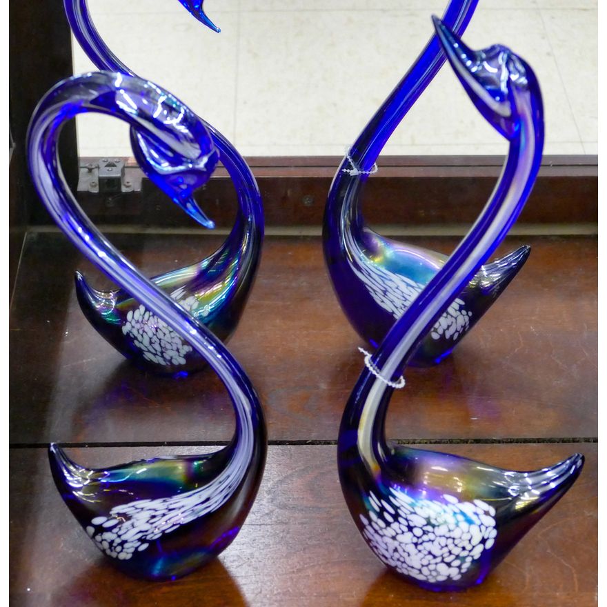 Pair Iridescent Cobalt Swan Glass Figures - Largest 13''