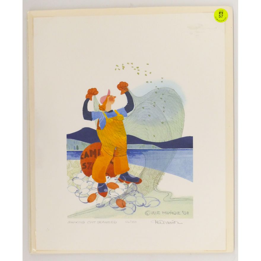 Rie Munoz ''Shaking Out Seaweed'' 2001 Signed Print 12.75'' x 10.5'' Sheet.